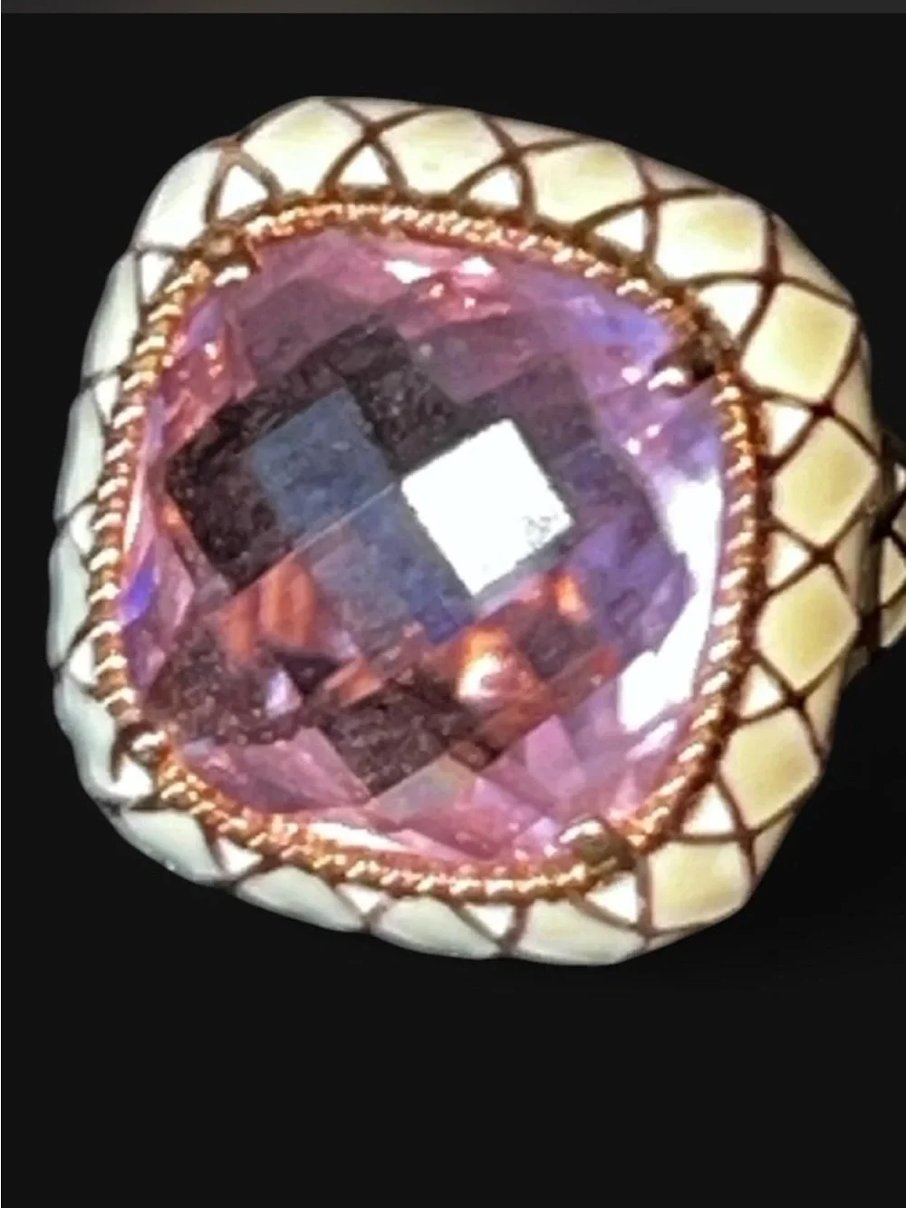 Pink Cushion-Cut Glass Cream Colored Enamel Gold Tone Ring size 8